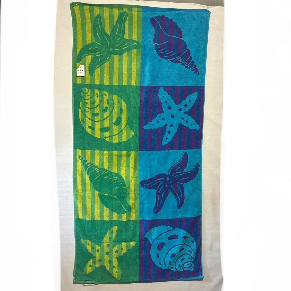 Vtg Beach towel 100% Cotton 27X56 blue green starfish seashells EUC NICE